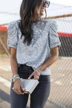 Hot Dear-Lover Short Ruched Puff Sleeve Sequin Top Silvery