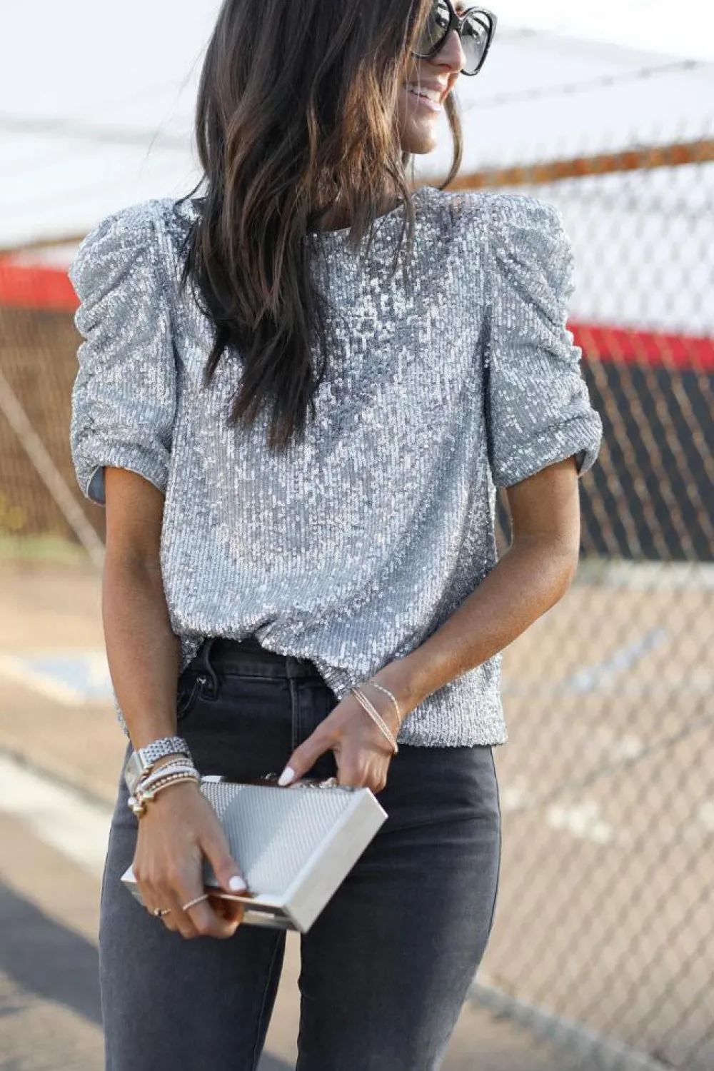 Hot Dear-Lover Short Ruched Puff Sleeve Sequin Top Silvery