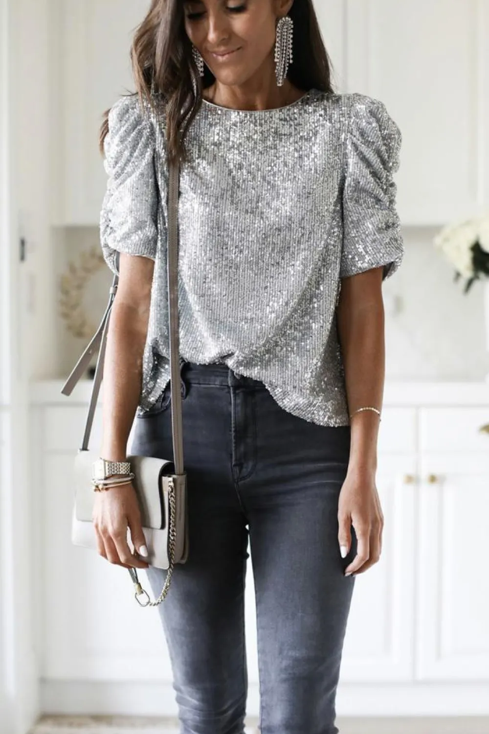 Hot Dear-Lover Short Ruched Puff Sleeve Sequin Top Silvery