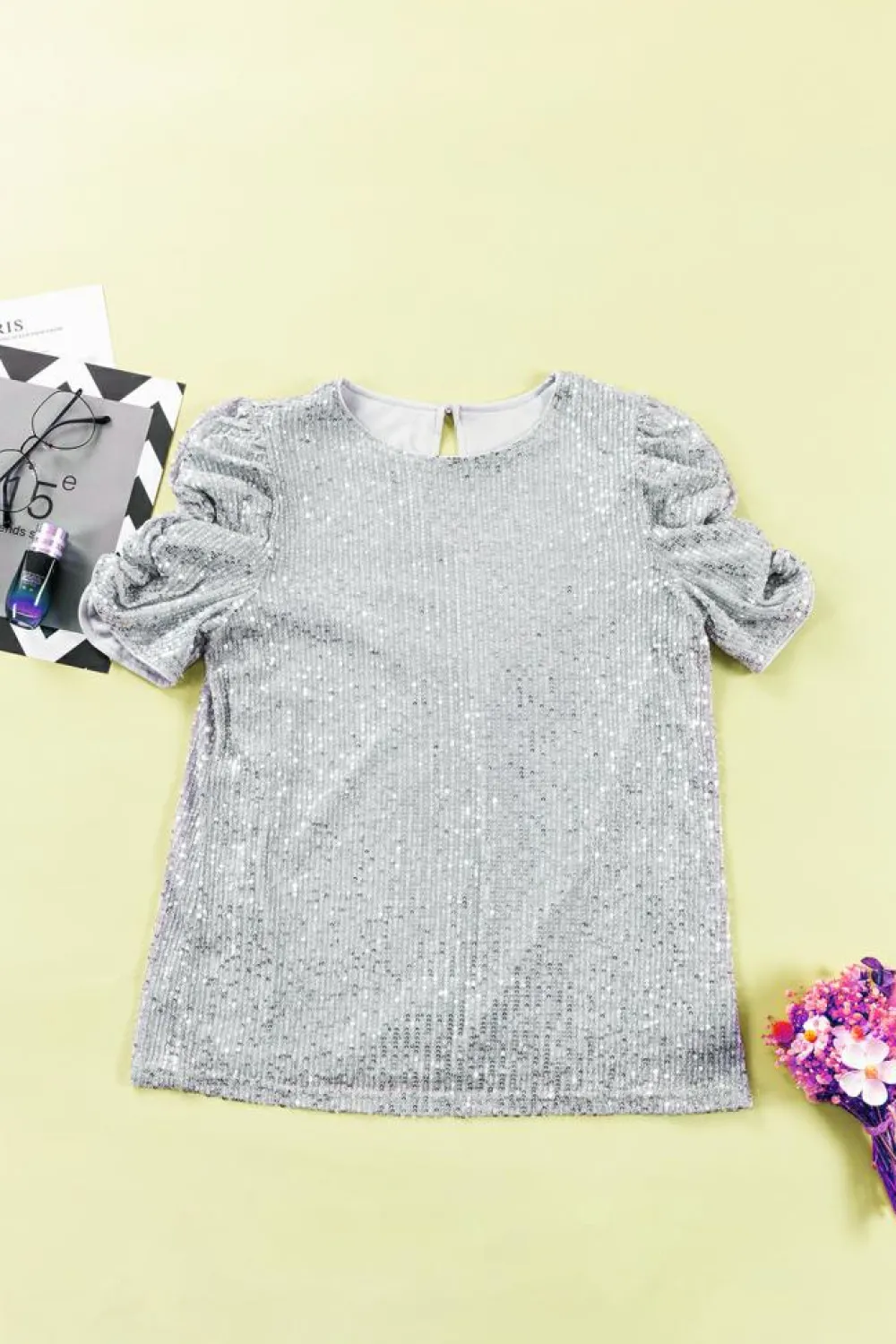 Hot Dear-Lover Short Ruched Puff Sleeve Sequin Top Silvery