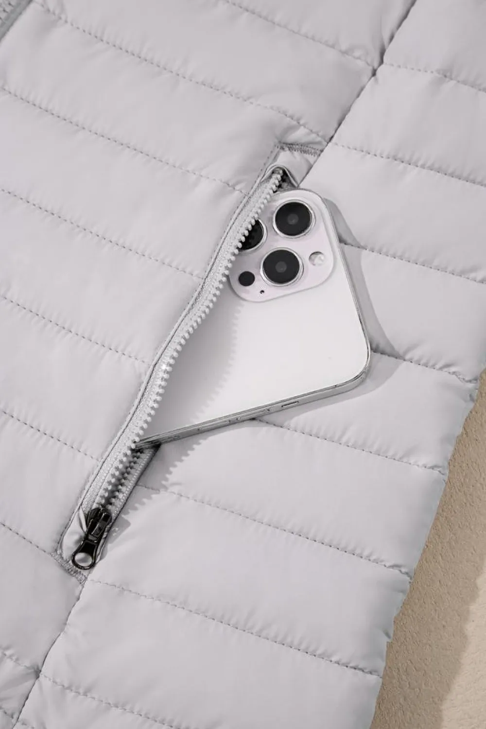 Fashion Dear-Lover Solid Color Quilted Zip-up Puffer Jacket Silvery