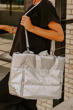 Sale Dear-Lover Solid Zipper Puffer Large Tote Bag Silvery