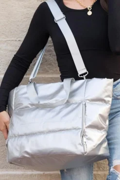 Sale Dear-Lover Solid Zipper Puffer Large Tote Bag Silvery