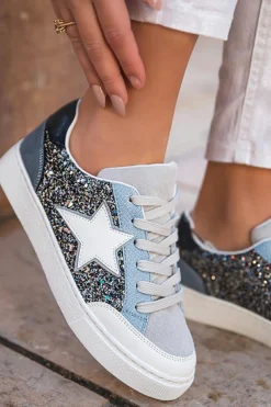Online Dear-Lover Star Glitter Patchwork Lace-up Sneakers Silvery