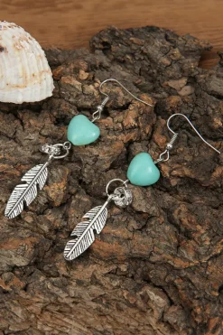 Online Dear-Lover Turquoise Heart Shape Alloy Feather Drop Earrings Silvery