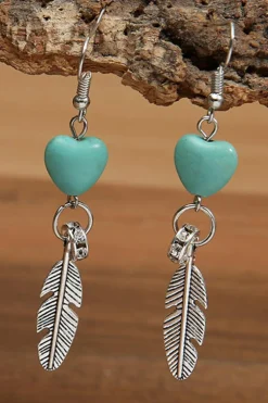 Online Dear-Lover Turquoise Heart Shape Alloy Feather Drop Earrings Silvery