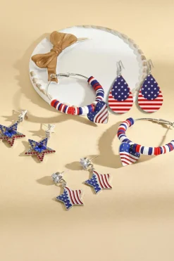 Sale Dear-Lover US Flag Heart Pendant Beaded Big Hoop Earrings Silvery