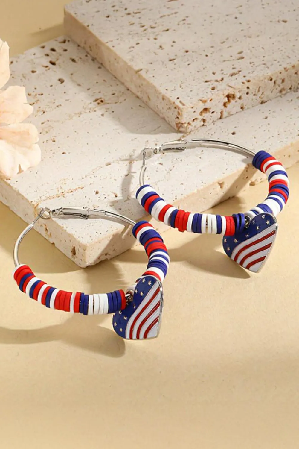 Sale Dear-Lover US Flag Heart Pendant Beaded Big Hoop Earrings Silvery