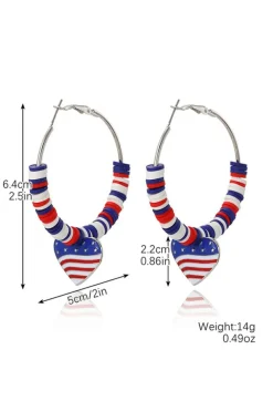 Sale Dear-Lover US Flag Heart Pendant Beaded Big Hoop Earrings Silvery