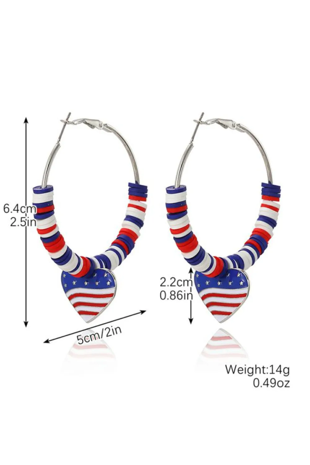 Sale Dear-Lover US Flag Heart Pendant Beaded Big Hoop Earrings Silvery