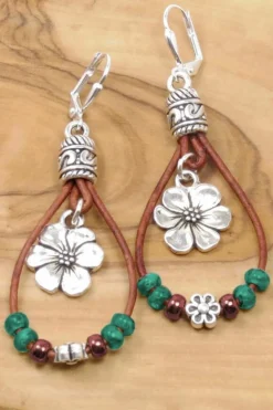 Outlet Dear-Lover Western Leather Beaded Floral Dangle Earrings Silvery