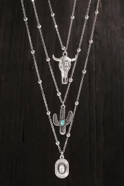 Sale Dear-Lover Western Steer Cactus Pendant Adjustable Multi Layer Necklace Silvery