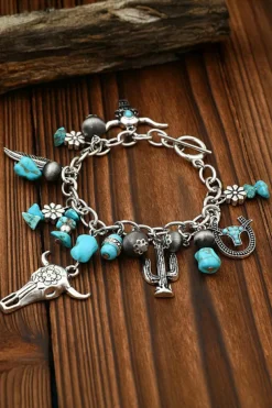 New Dear-Lover Western Steer Head Turquoise Charm Alloy Bracelet Silvery