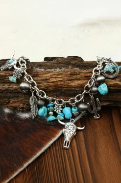 New Dear-Lover Western Steer Head Turquoise Charm Alloy Bracelet Silvery