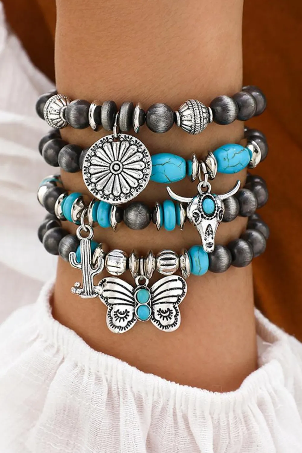 Online Dear-Lover Western Turquoise Beaded Multi Layer Bracelet Silvery