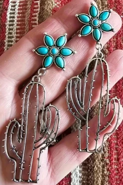 Online Dear-Lover Western Turquoise Flower Cactus Dangle Earrings Silvery