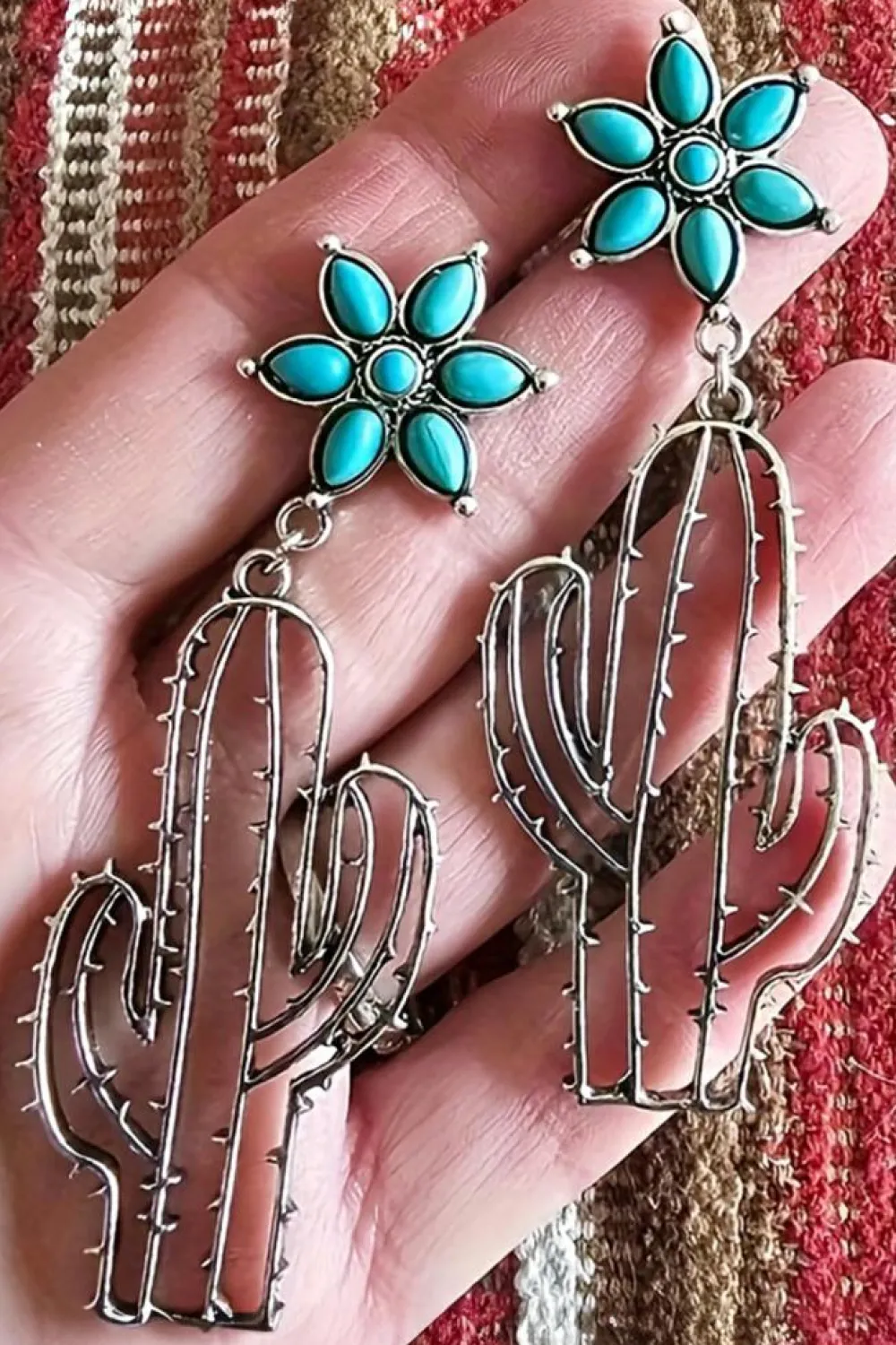 Online Dear-Lover Western Turquoise Flower Cactus Dangle Earrings Silvery