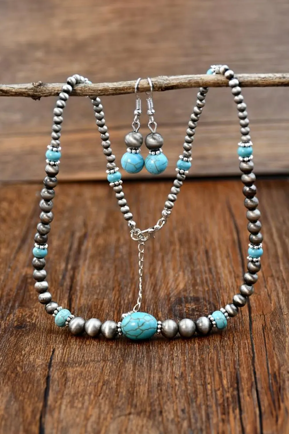 Clearance Dear-Lover Western Turquoise Beaded Necklace and Earring Set Silvery