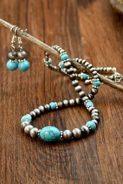 Clearance Dear-Lover Western Turquoise Beaded Necklace and Earring Set Silvery