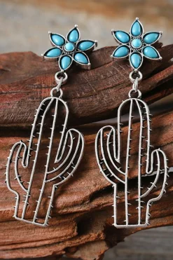 Online Dear-Lover Western Turquoise Flower Cactus Dangle Earrings Silvery