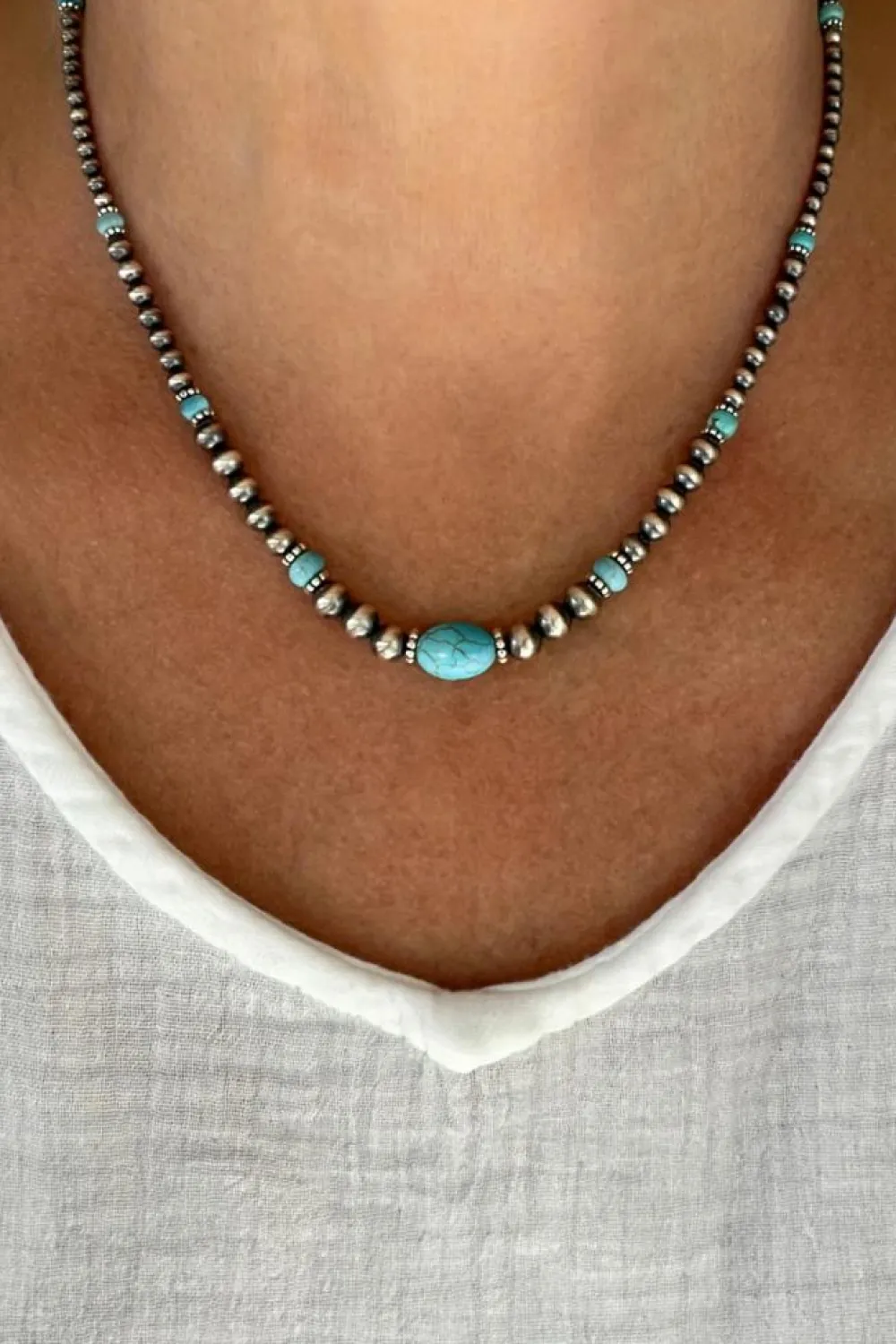 Clearance Dear-Lover Western Turquoise Beaded Necklace and Earring Set Silvery