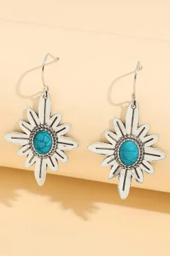Clearance Dear-Lover Western Turquoise Flower Shape Hook Earrings Silvery
