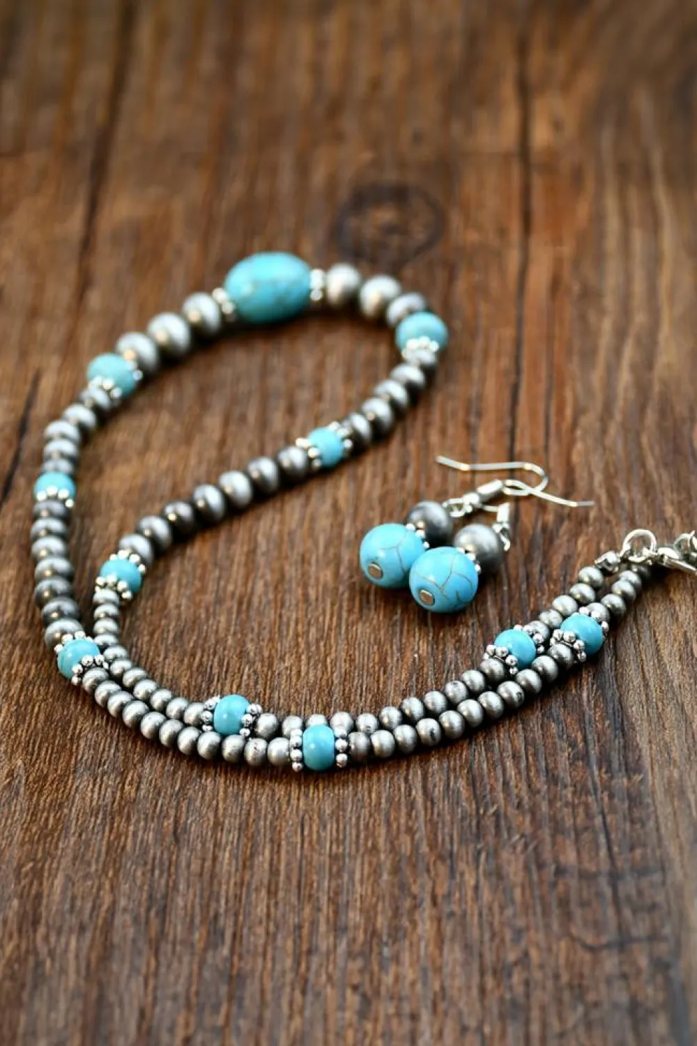 Clearance Dear-Lover Western Turquoise Beaded Necklace and Earring Set Silvery