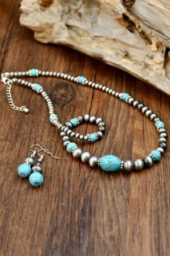 Clearance Dear-Lover Western Turquoise Beaded Necklace and Earring Set Silvery