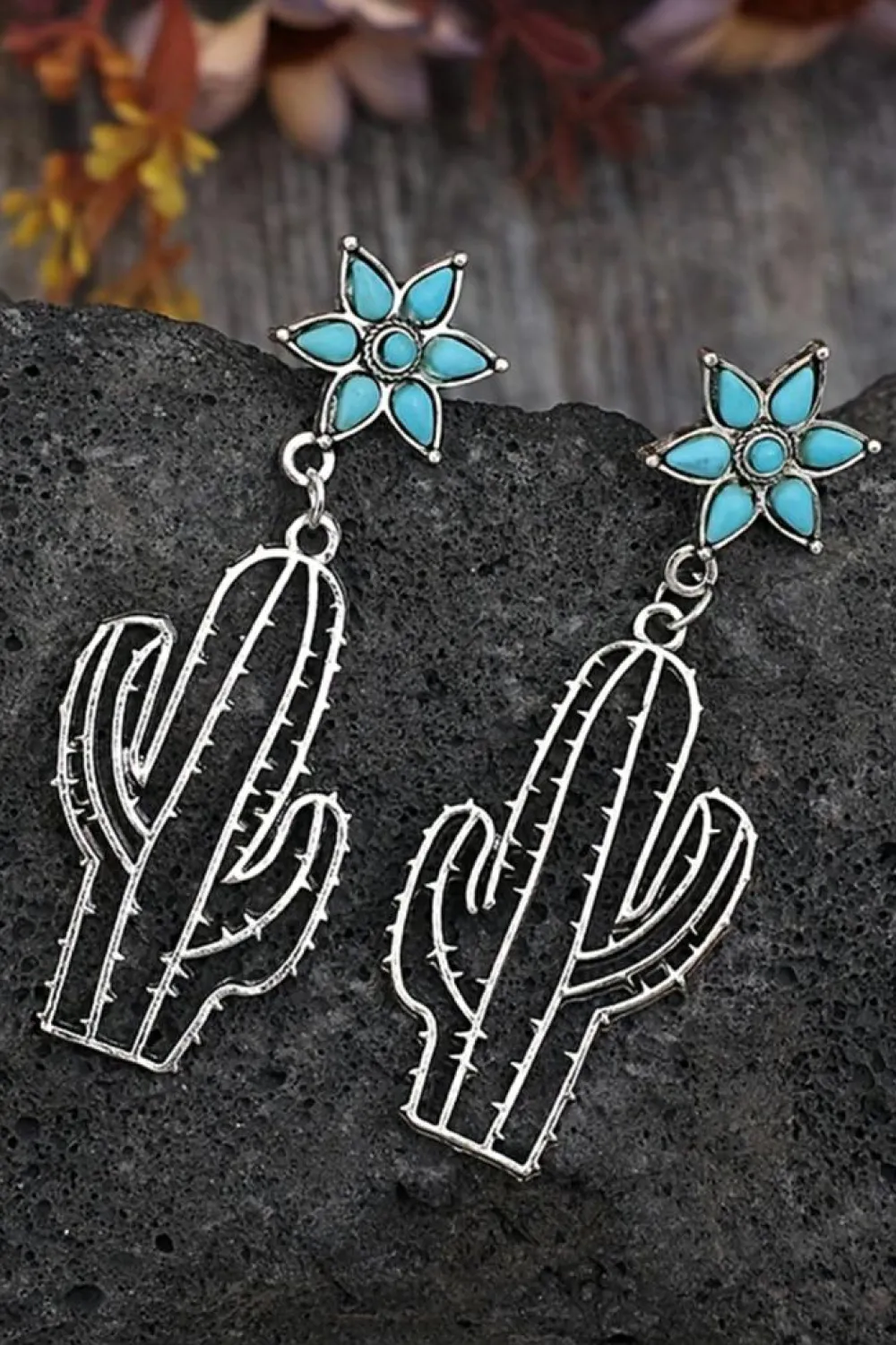Online Dear-Lover Western Turquoise Flower Cactus Dangle Earrings Silvery