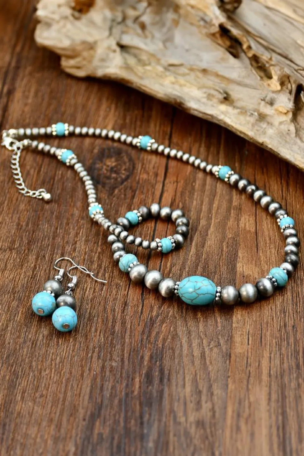 Clearance Dear-Lover Western Turquoise Beaded Necklace and Earring Set Silvery
