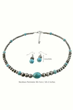 Clearance Dear-Lover Western Turquoise Beaded Necklace and Earring Set Silvery