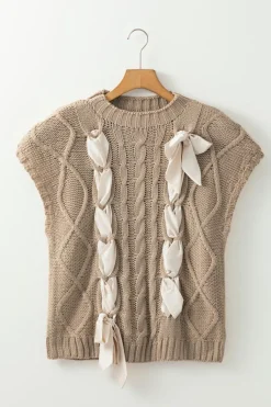 New Dear-Lover Cable Knit Colorblock Satin Bowknot Short Sleeve Sweater Simply Taupe