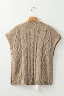 New Dear-Lover Cable Knit Colorblock Satin Bowknot Short Sleeve Sweater Simply Taupe