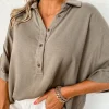 Hot Dear-Lover Collared Half Buttons Folded Short Sleeve Oversize Top Simply Taupe
