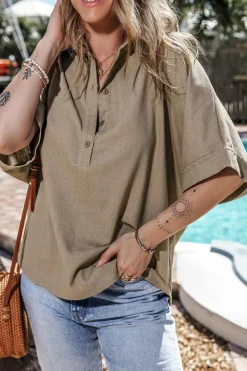 Hot Dear-Lover Collared Half Buttons Folded Short Sleeve Oversize Top Simply Taupe