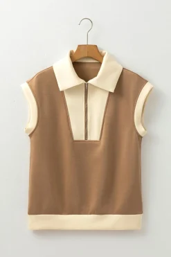 Clearance Dear-Lover Half Zipper Collared Colorblock Short Sleeve Top Simply Taupe