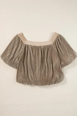 Fashion Dear-Lover Pleated Puff Sleeve Square Neck Blouse Simply Taupe
