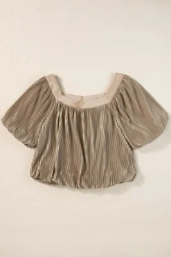 Fashion Dear-Lover Pleated Puff Sleeve Square Neck Blouse Simply Taupe