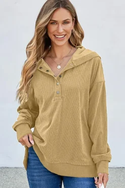 New Dear-Lover Solid Ribbed Knit Buttoned Drop Shoulder Oversized Hoodie Simply Taupe