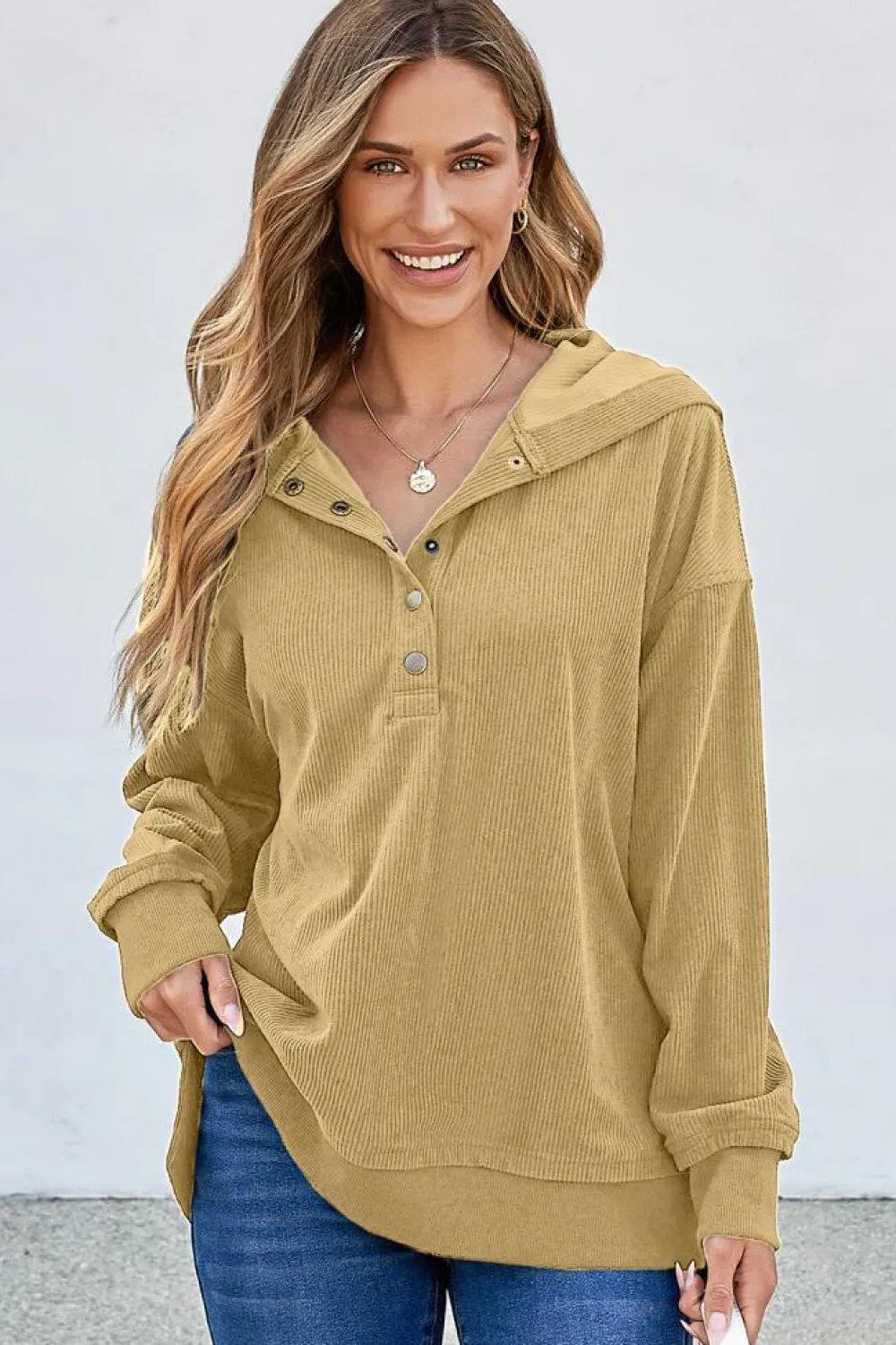 New Dear-Lover Solid Ribbed Knit Buttoned Drop Shoulder Oversized Hoodie Simply Taupe