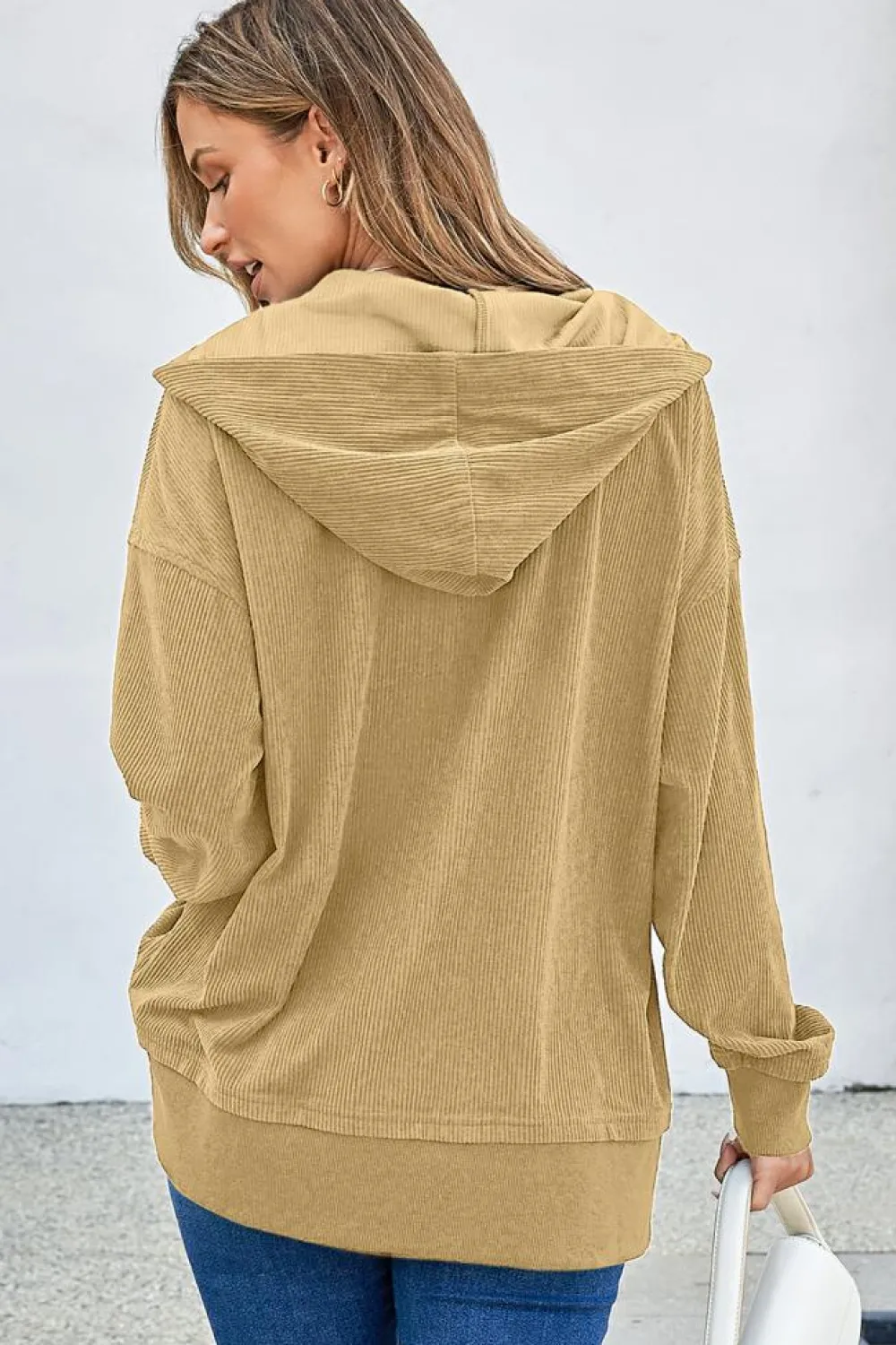 New Dear-Lover Solid Ribbed Knit Buttoned Drop Shoulder Oversized Hoodie Simply Taupe