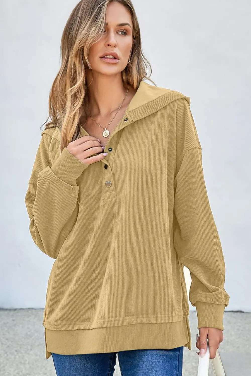 New Dear-Lover Solid Ribbed Knit Buttoned Drop Shoulder Oversized Hoodie Simply Taupe