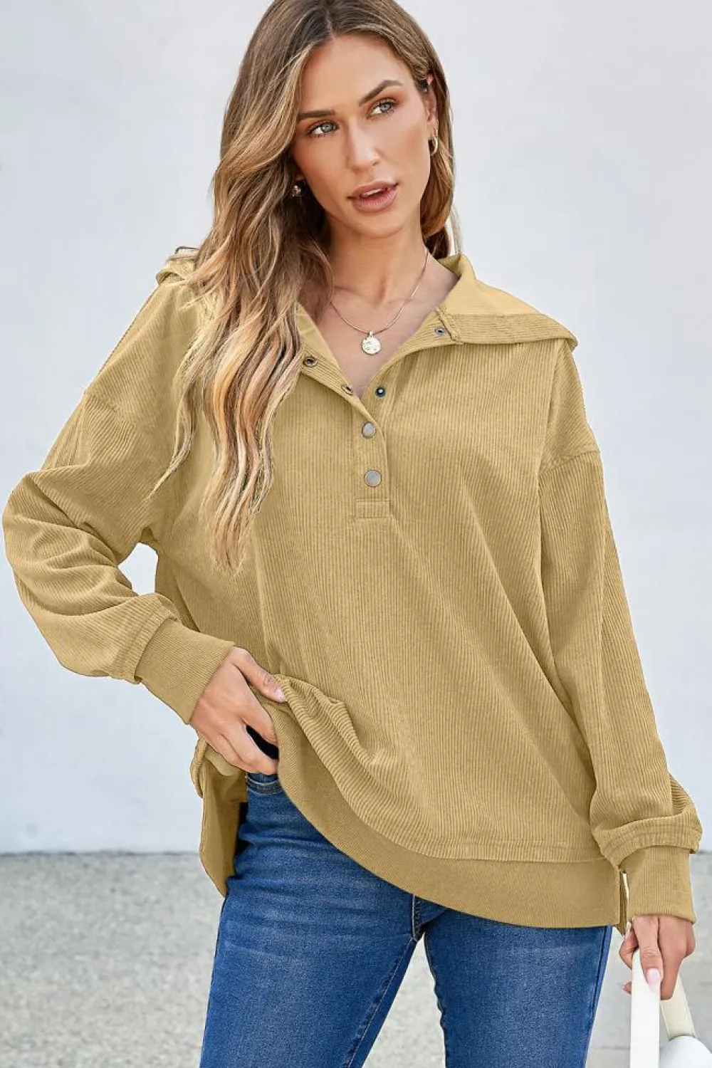 New Dear-Lover Solid Ribbed Knit Buttoned Drop Shoulder Oversized Hoodie Simply Taupe
