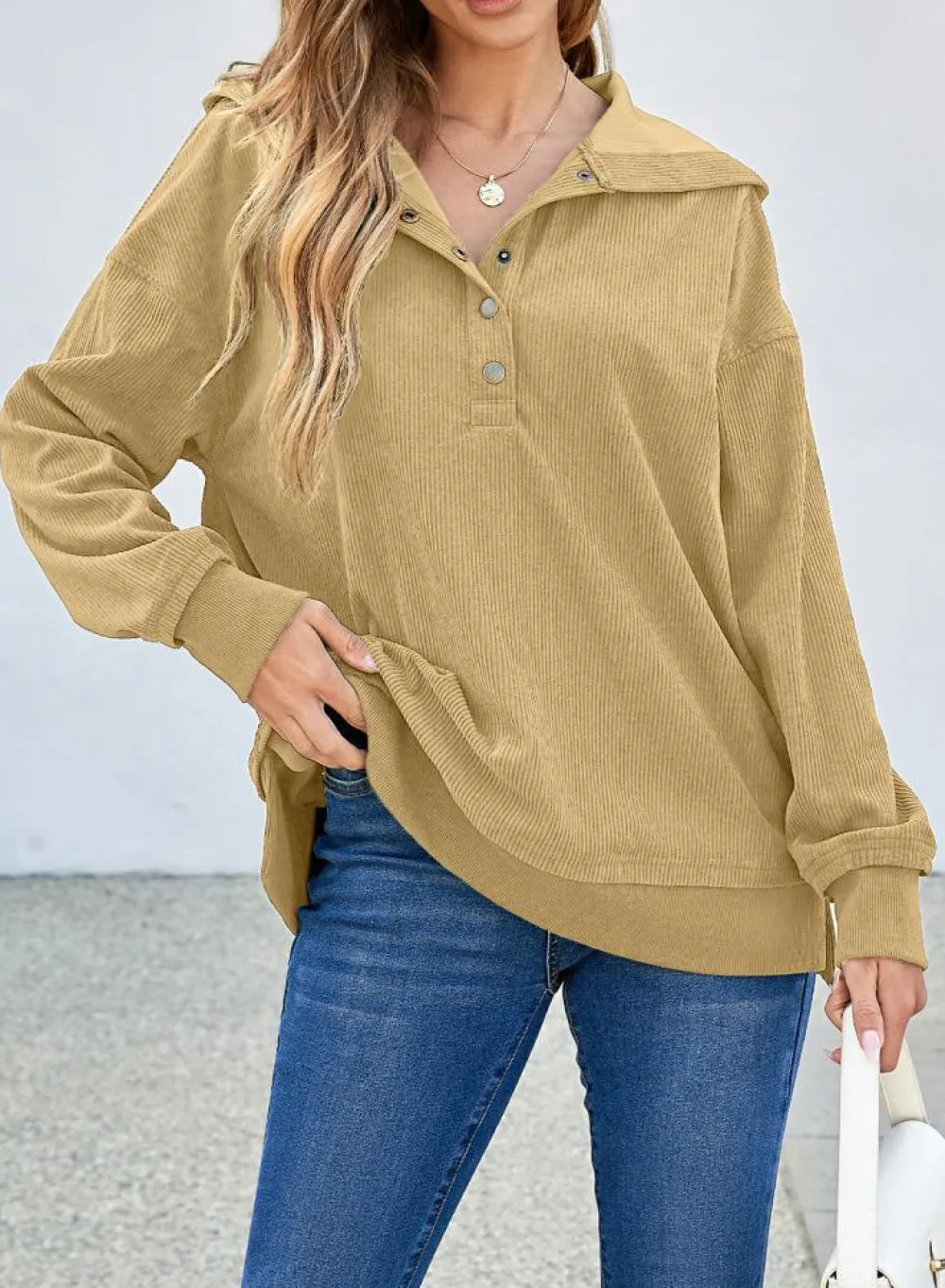 New Dear-Lover Solid Ribbed Knit Buttoned Drop Shoulder Oversized Hoodie Simply Taupe