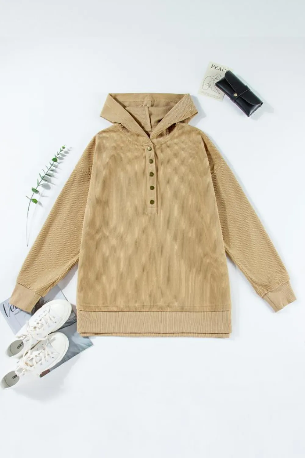 New Dear-Lover Solid Ribbed Knit Buttoned Drop Shoulder Oversized Hoodie Simply Taupe