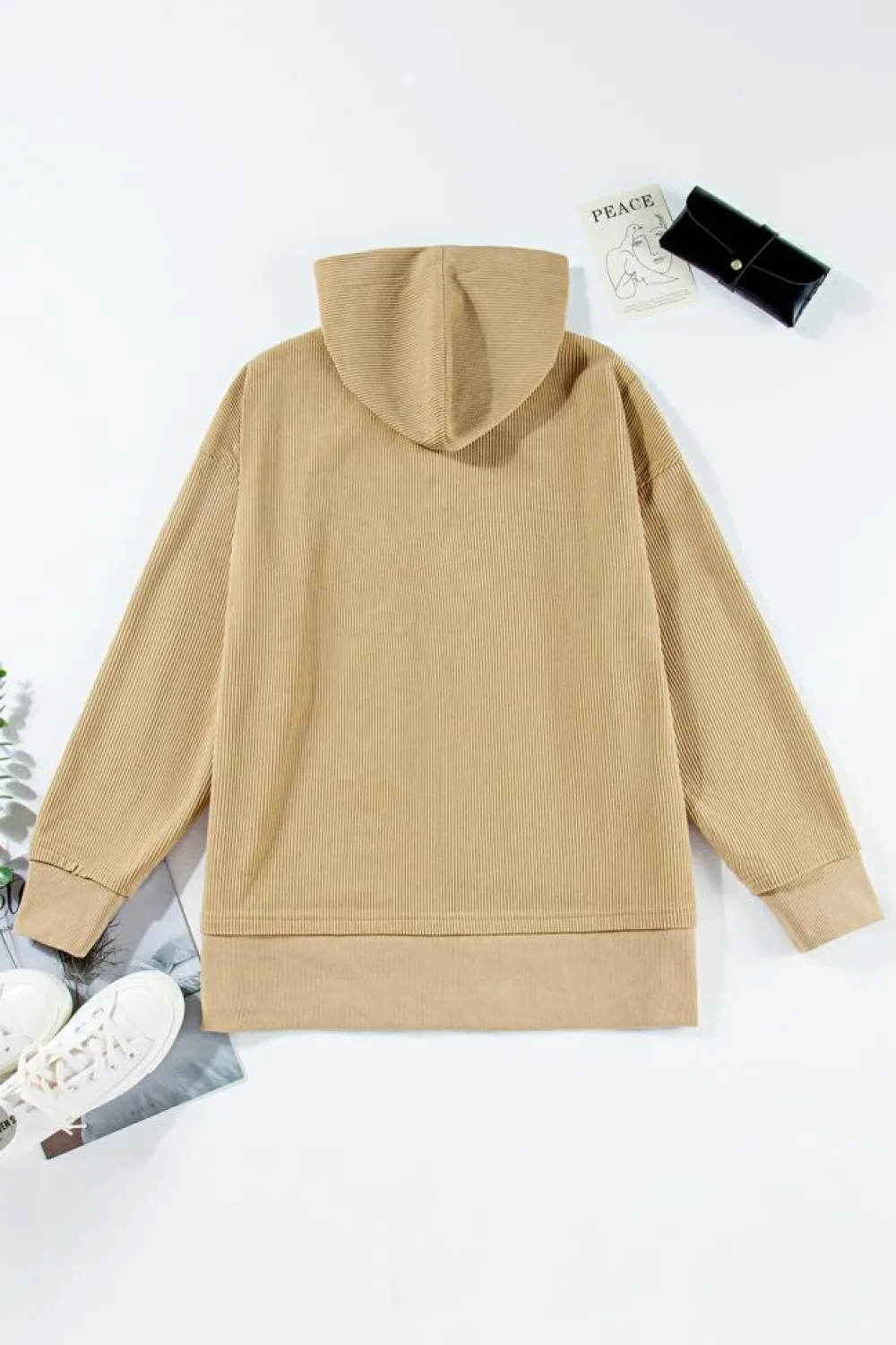 New Dear-Lover Solid Ribbed Knit Buttoned Drop Shoulder Oversized Hoodie Simply Taupe
