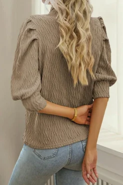 New Dear-Lover Vintage Textured Puff Sleeve Mock Neck Top Simply Taupe