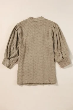 New Dear-Lover Vintage Textured Puff Sleeve Mock Neck Top Simply Taupe