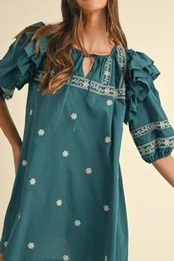 Discount Dear-Lover Boho Floral Ruffle Puff Sleeve Lace-up V Neck Mini Dress Skobeloff