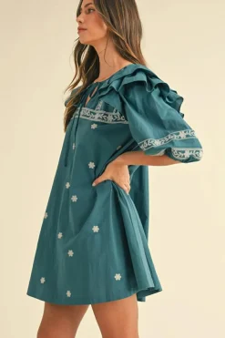 Discount Dear-Lover Boho Floral Ruffle Puff Sleeve Lace-up V Neck Mini Dress Skobeloff
